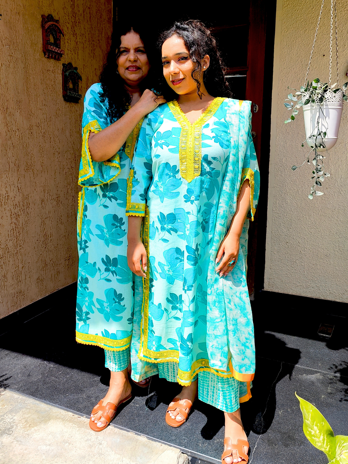 Green Blue Cotton Yellow Lace Stitched Suit Set