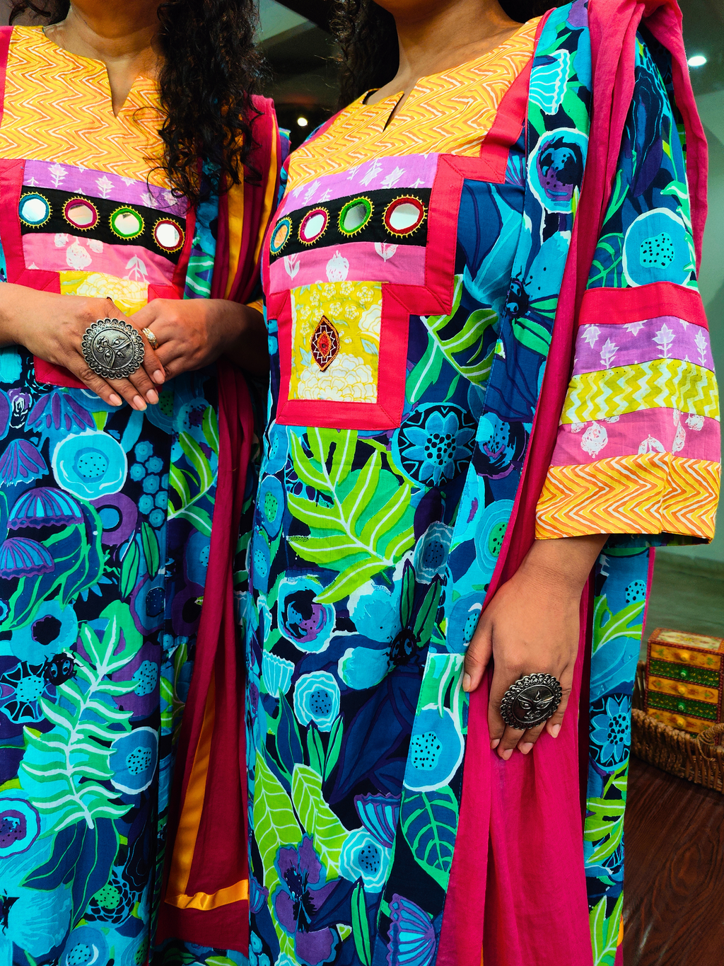 Blue Multi Coloured Mirror Embroidered Cotton Stitched Suit Set