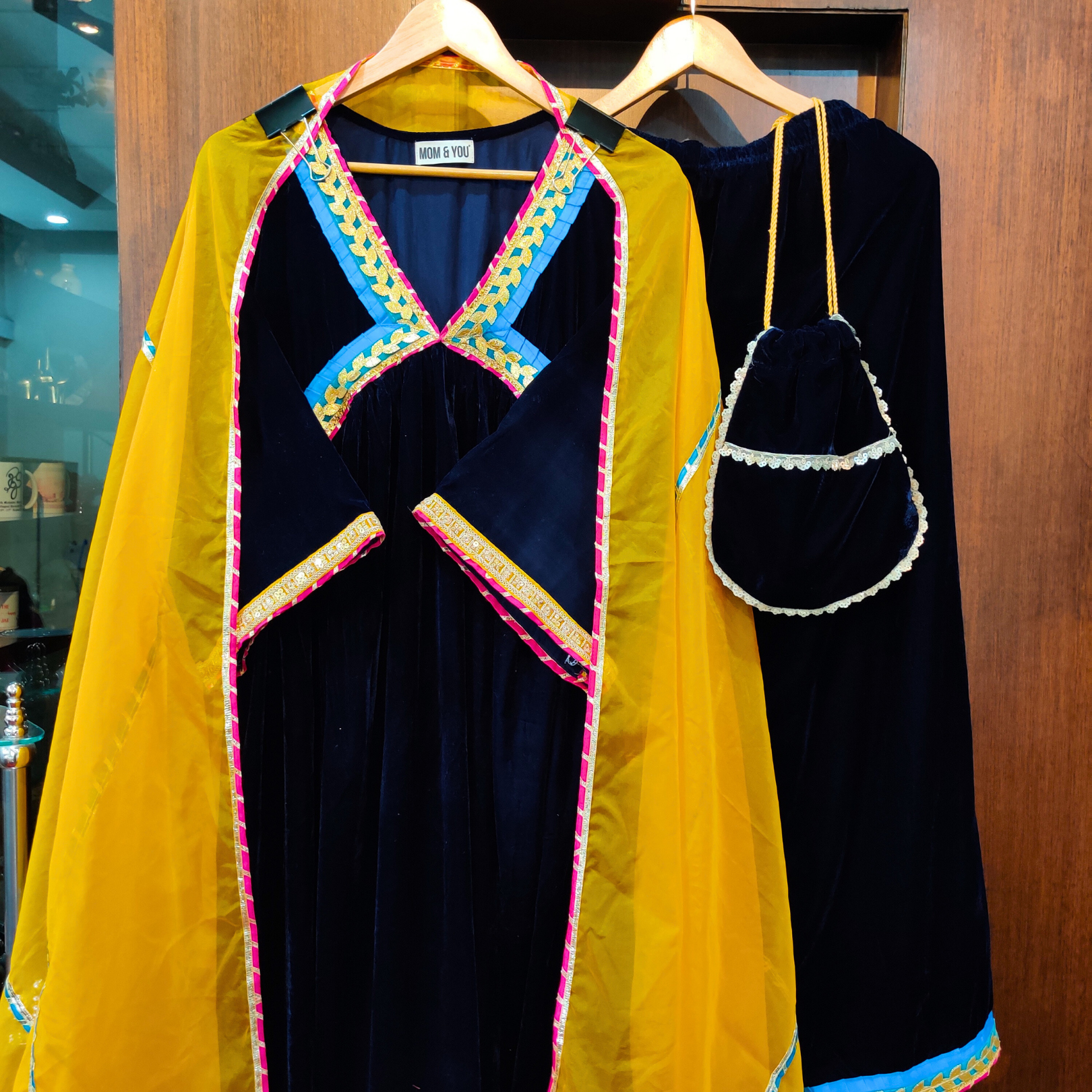 Blue Velvet Multi Colour Gota Stitched Anarkali Suit Set