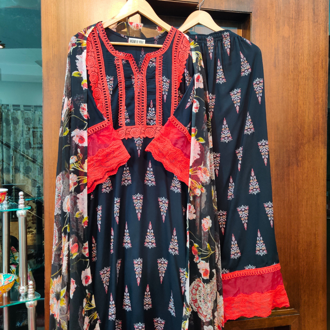 Black Cotton Red Lace Stitched Suit Set