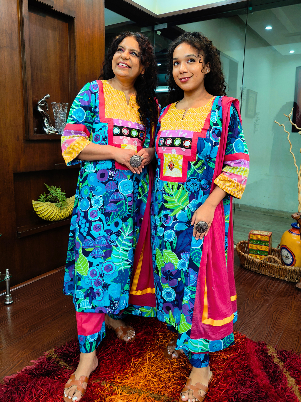 Blue Multi Coloured Mirror Embroidered Cotton Stitched Suit Set