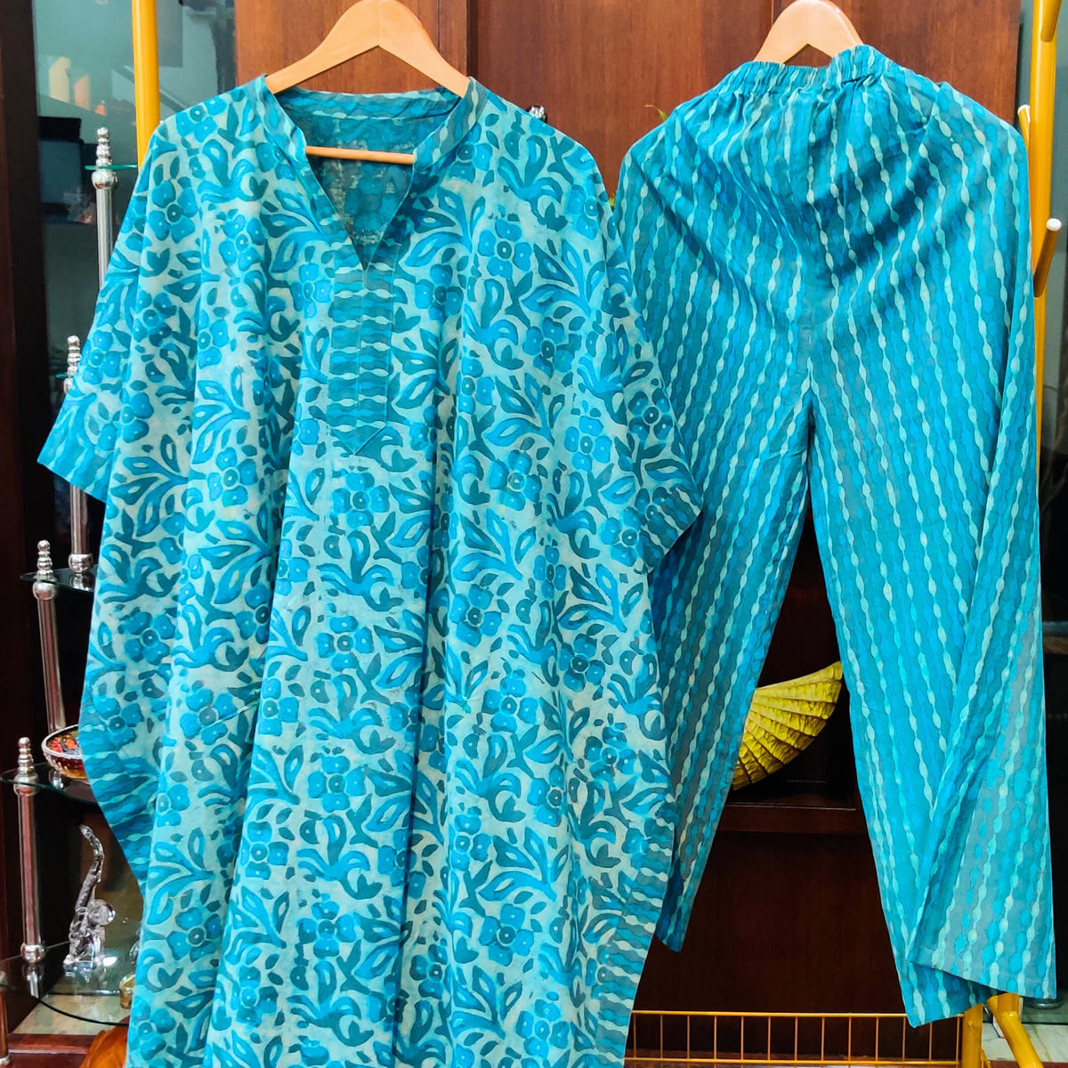 Blue Dabu Kurta Kaftan Cotton Stitched Co-Ord Set