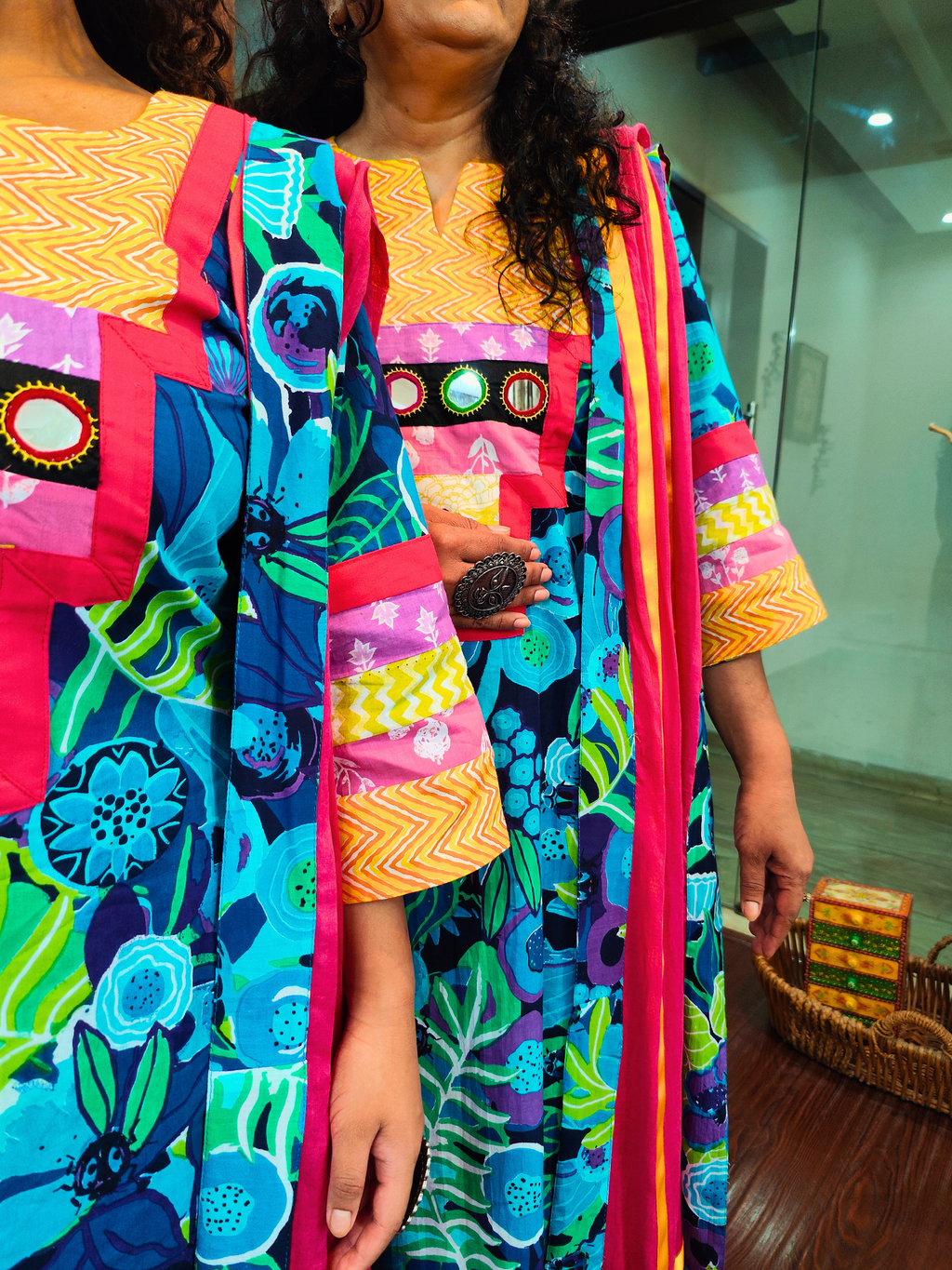 Blue Multi Coloured Mirror Embroidered Cotton Stitched Suit Set