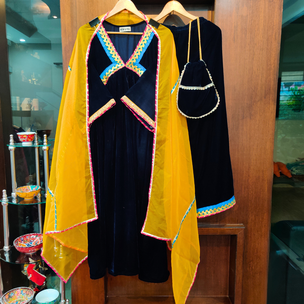 Blue Velvet Multi Colour Gota Stitched Anarkali Suit Set