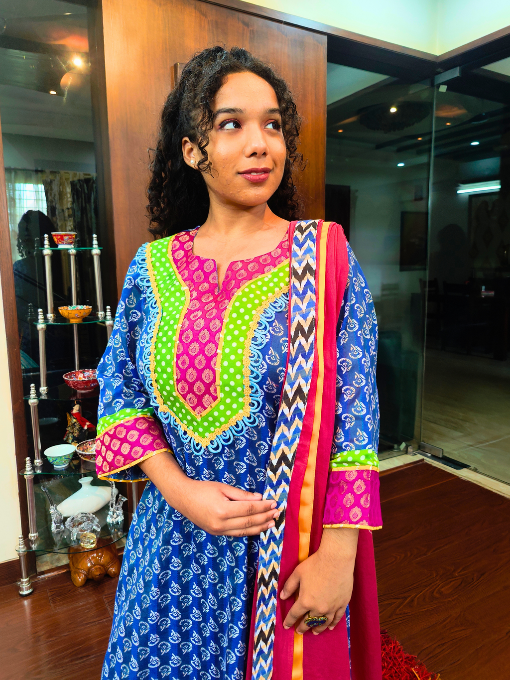 Blue Digital Printed Green Polka Dot Cotton Stitched Suit Set