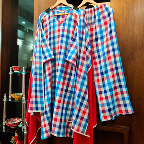 Blue and Red Checkred Cotton Lace Stitched Suit Set