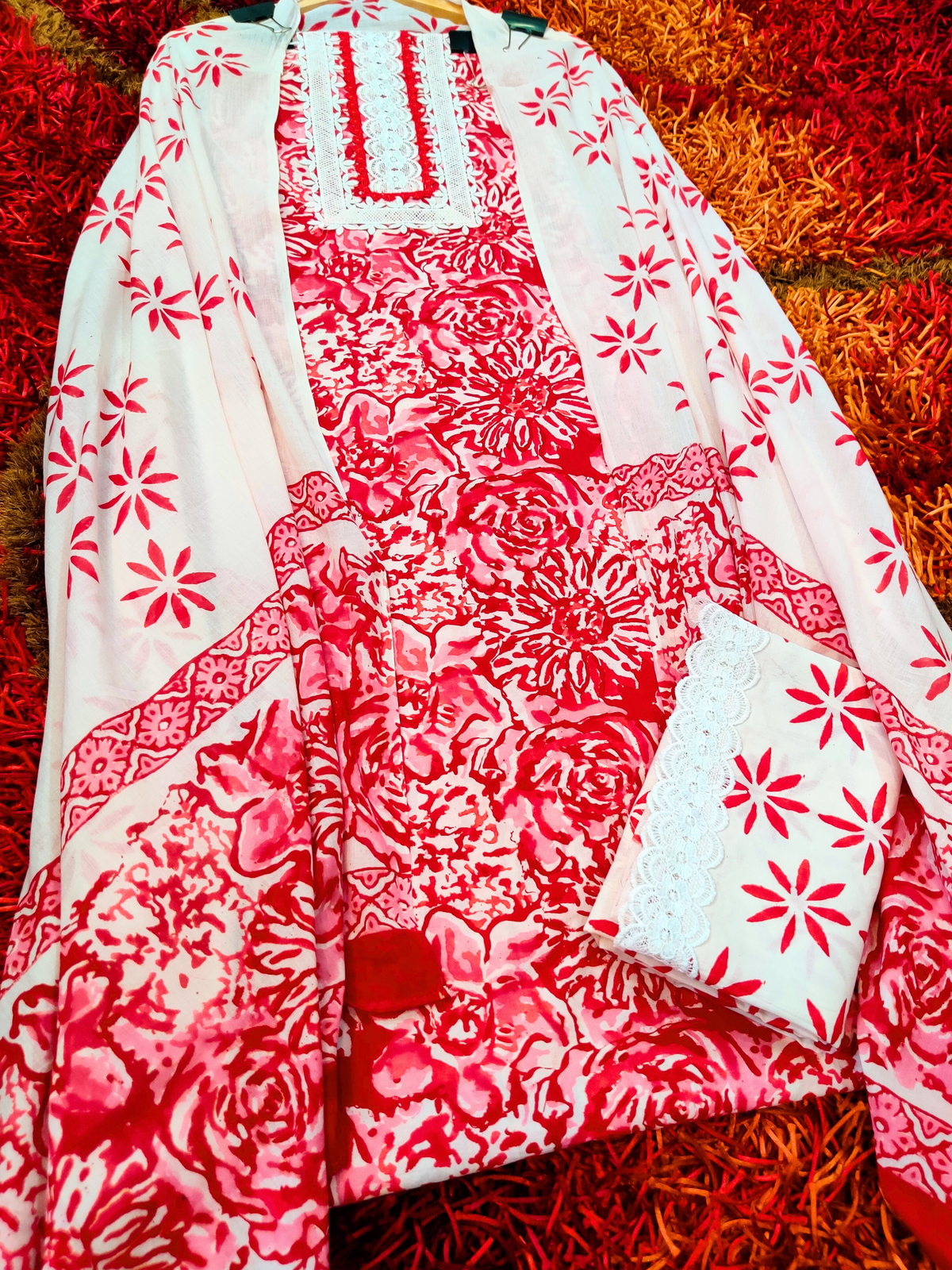 Red Handblock Cotton Unstitched Dress Material Suit Set