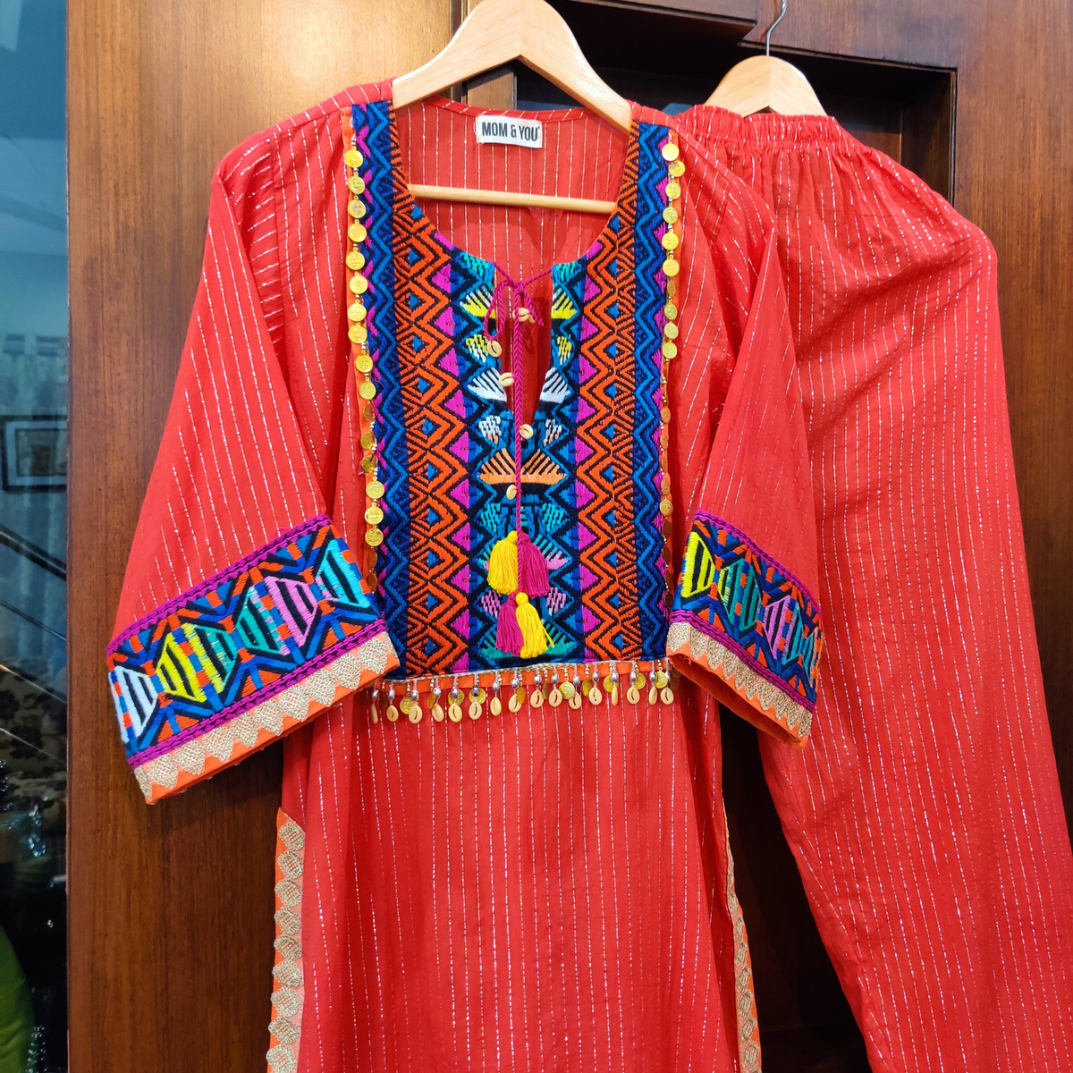 Orange Multi-Colour Navy Blue Embroidered Lurex Cotton Stitched Co-Ord Set