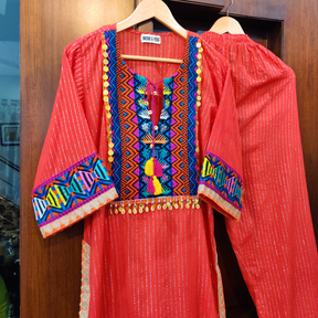 Orange Multi-Colour Navy Blue Embroidered Lurex Cotton Stitched Co-Ord Set