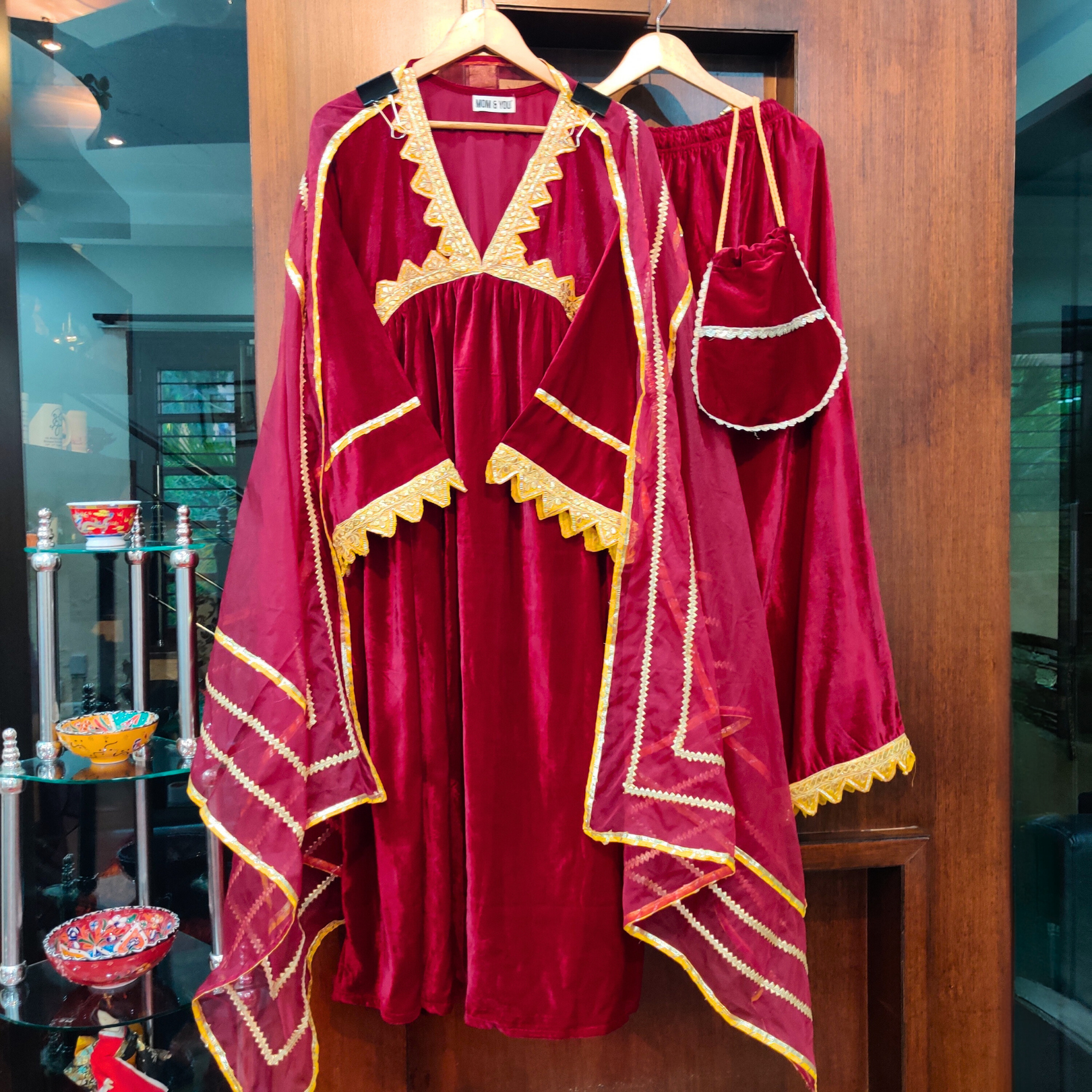 Maroon Velvet Yellow Silver Gota Stitched Anarkali Suit Set