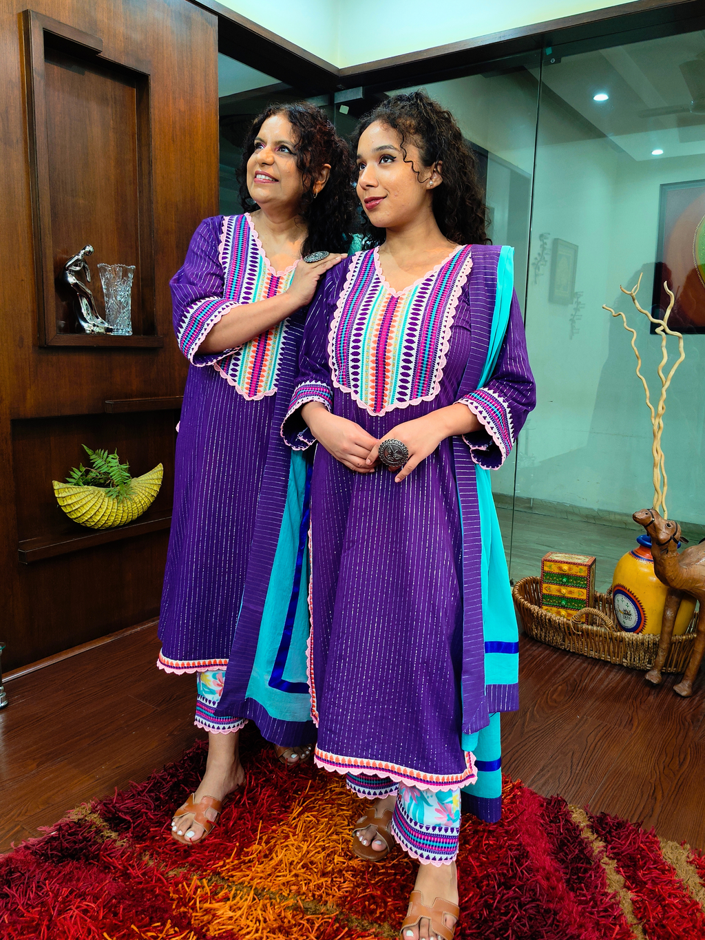 Purple Striped Multi Embroidered Cotton Stitched Suit Set