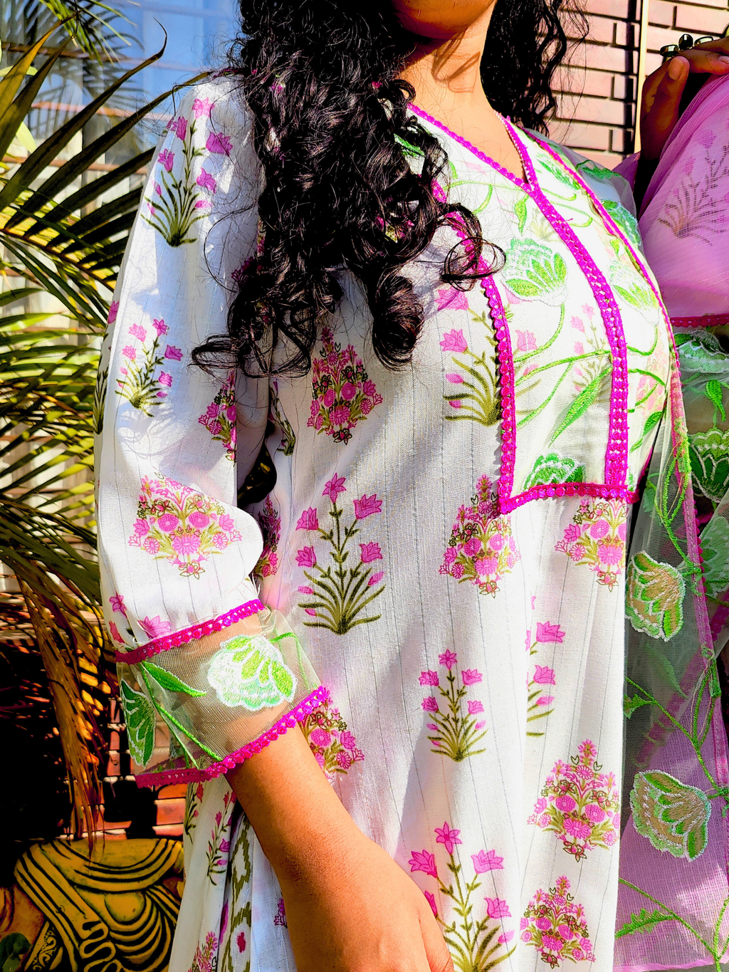 White Digital Printed Green Floral Lace Stitched Suit Set