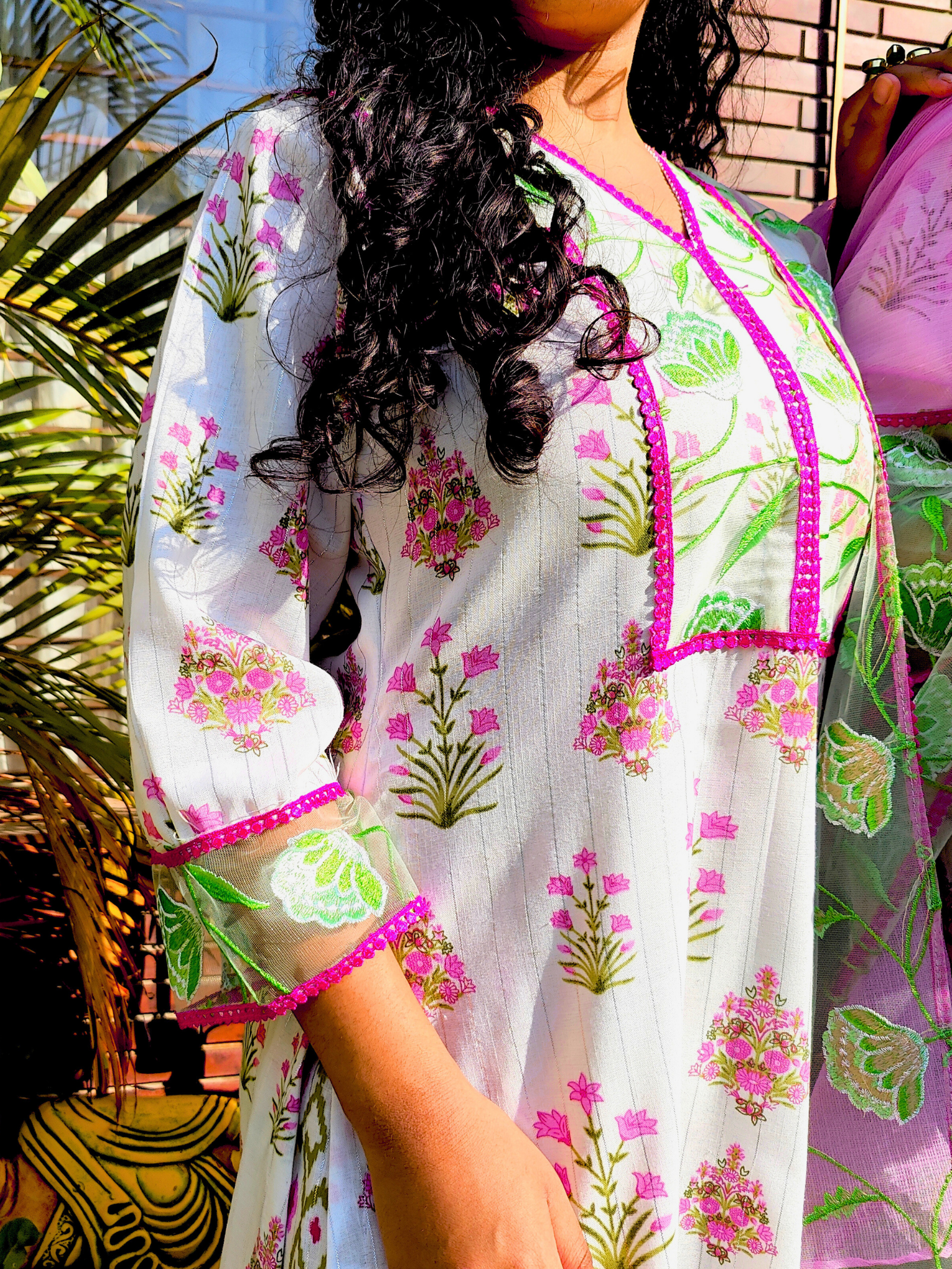 White Digital Printed Green Floral Lace Stitched Suit Set