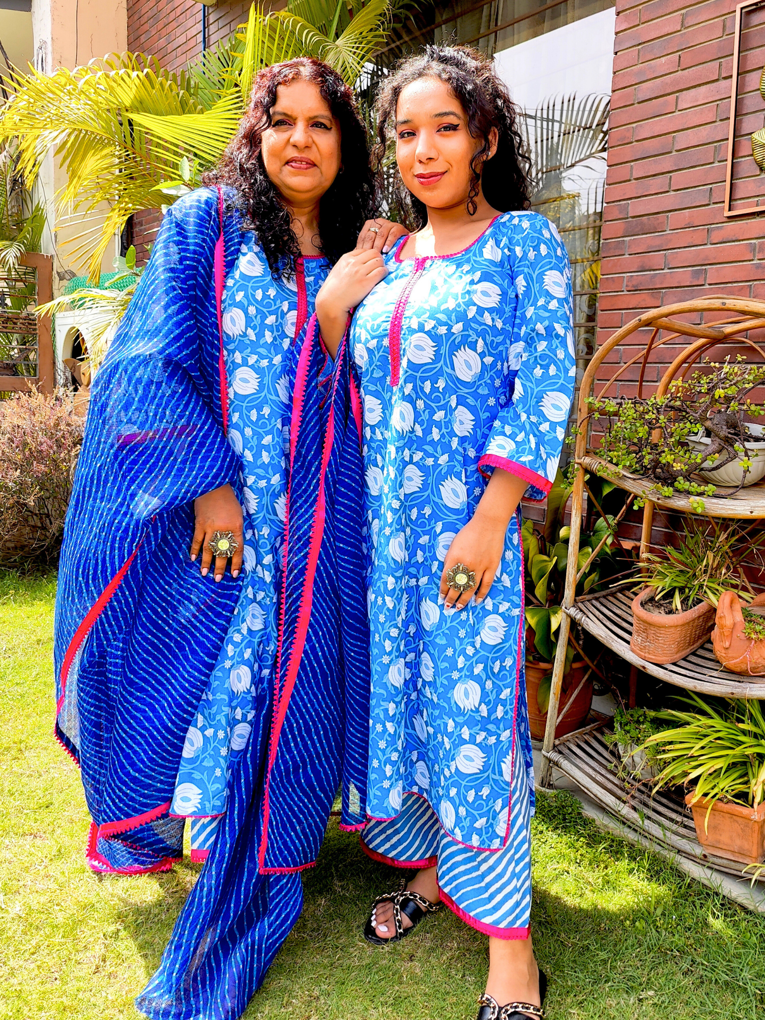 Blue and White Floral Magenta Lace Cotton Stitched Suit Set