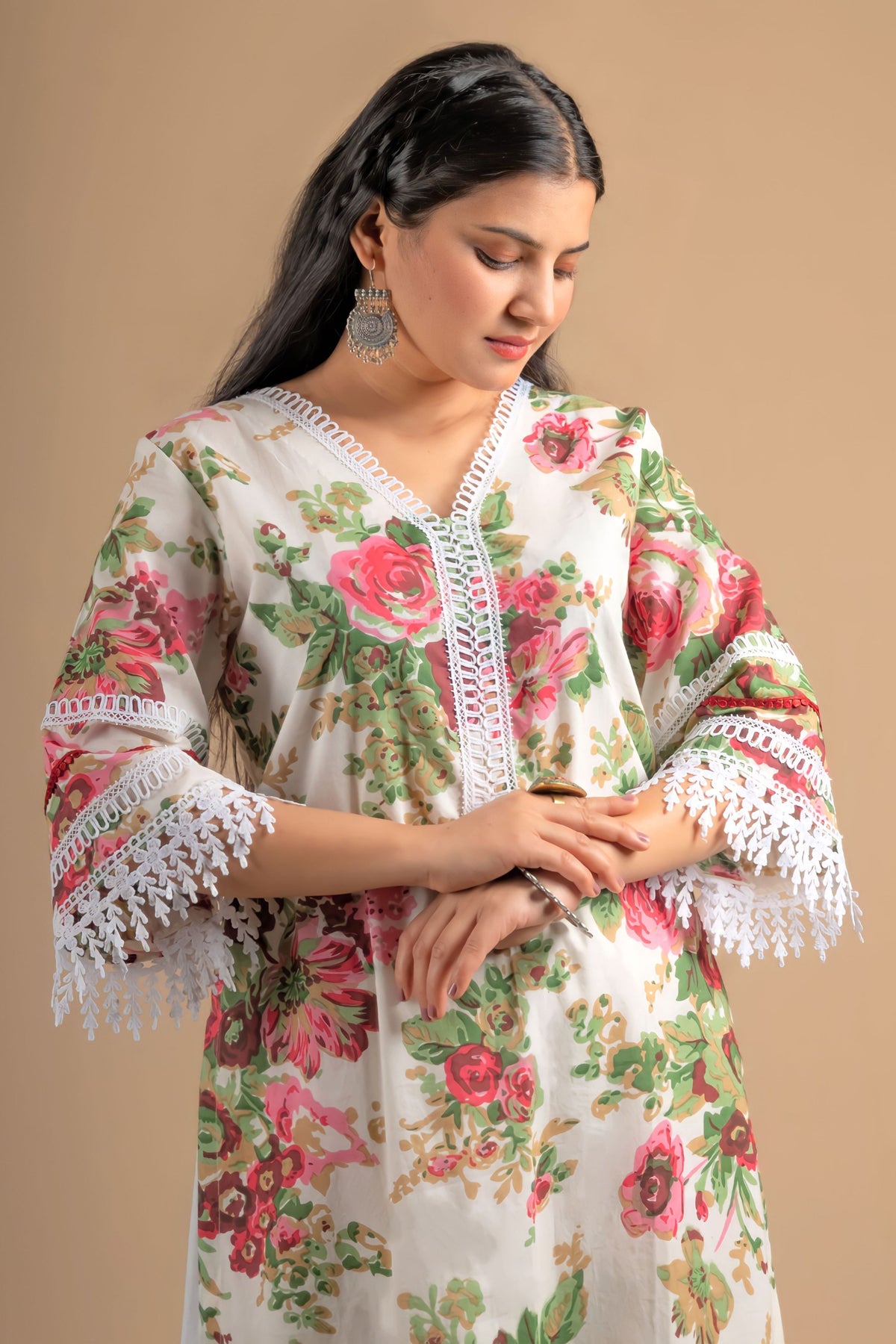 ROSES KURTA: Floral Hand Block Lacework Cotton Kurta - Mom & You Clothing
