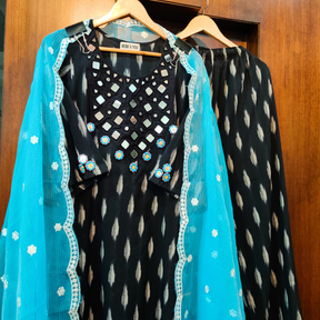 Black Ikat Mirror Cotton Stitched Suit Set