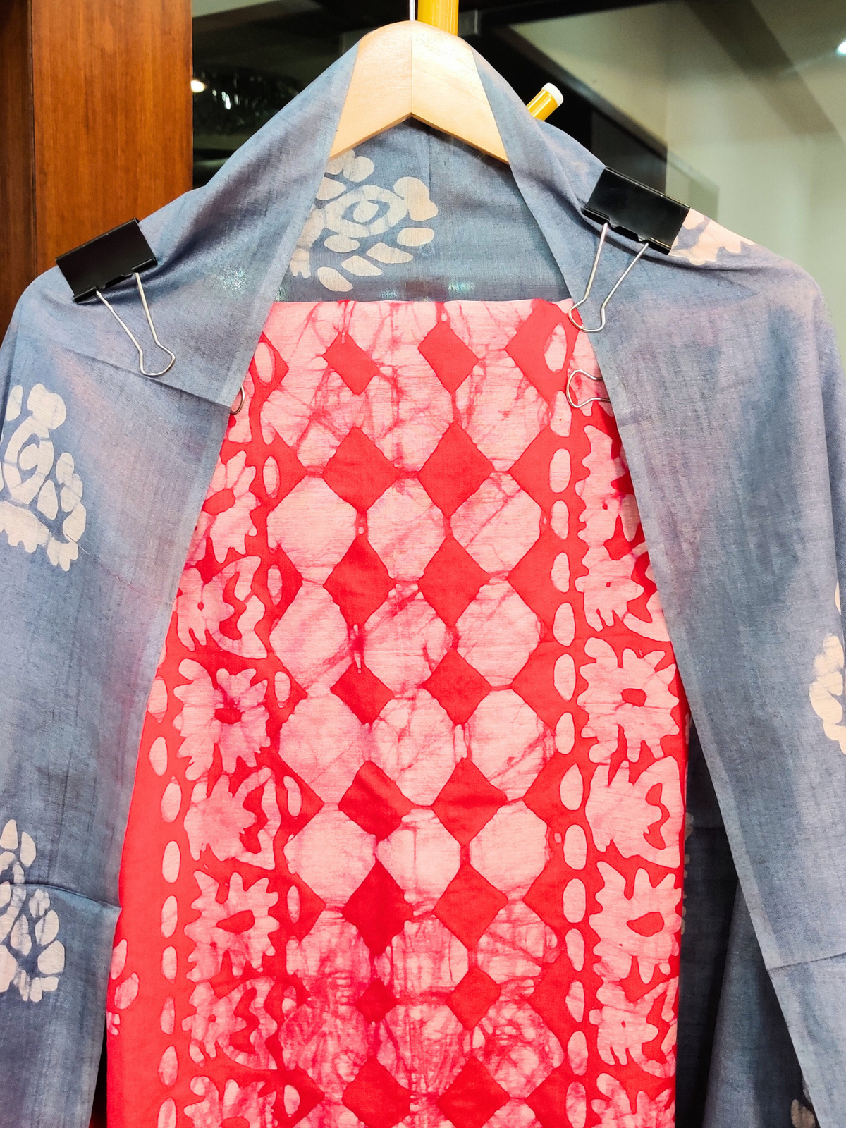 Peach and Grey Batik Cotton Silk Unstitched Dress Material Suit Set