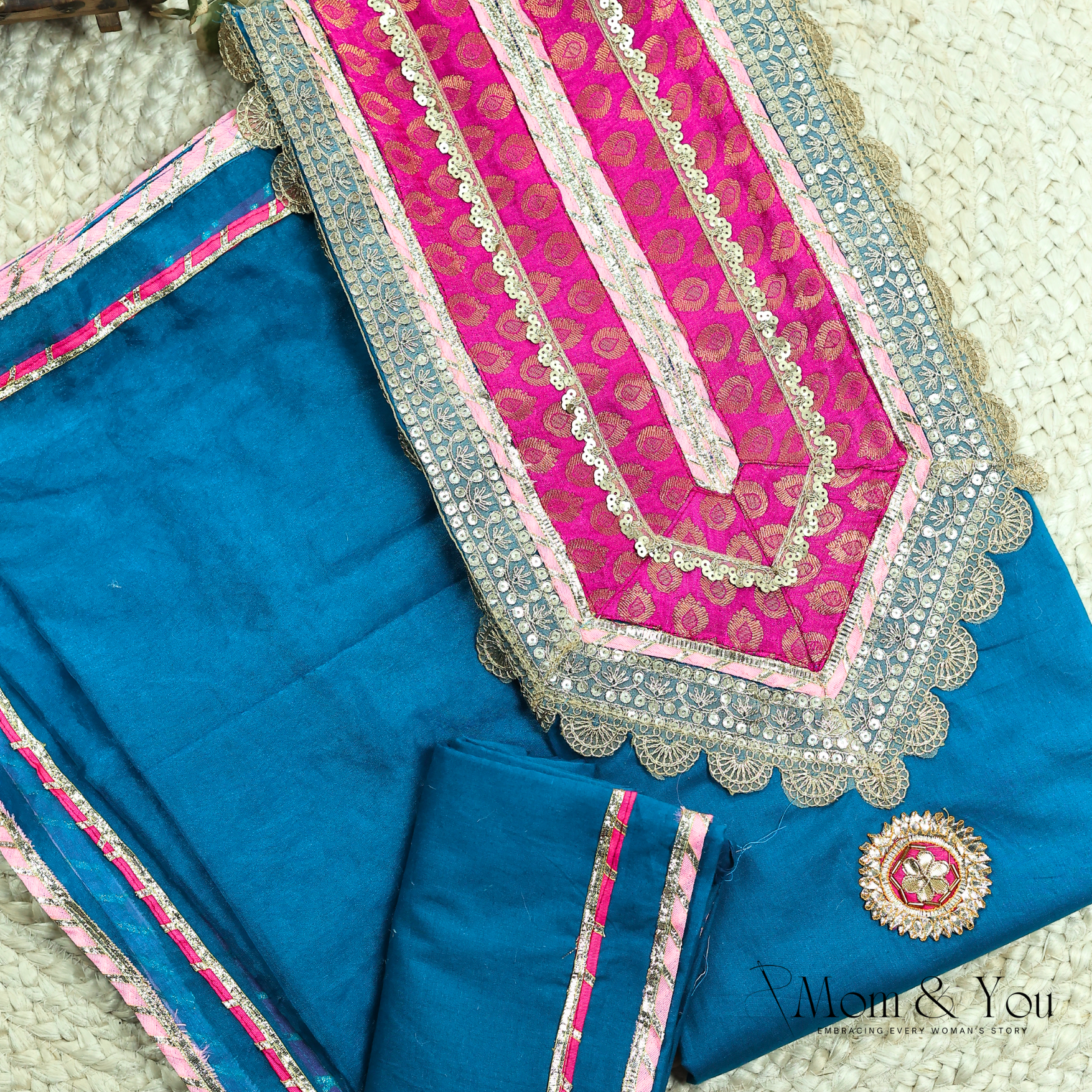 Teal Treasure Cotton Festive Unstitched Dress Material Suit Set for Occasion
