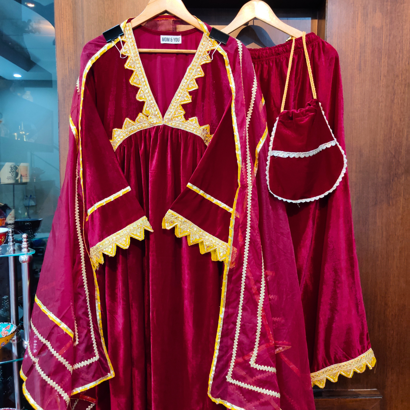 Maroon Velvet Yellow Silver Gota Stitched Anarkali Suit Set