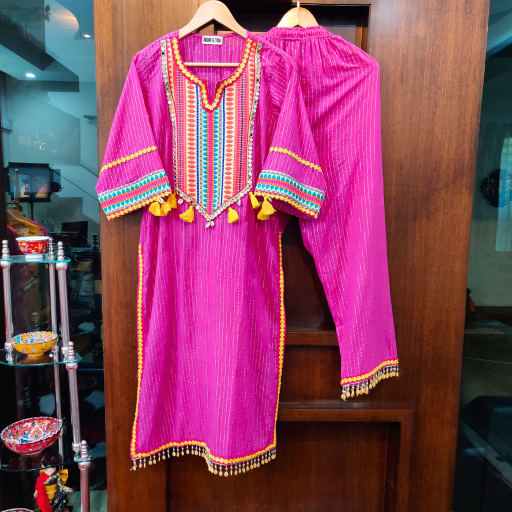 Pink Embroidered Lurex Cotton Stitched Co-Ord Set with Mirrors