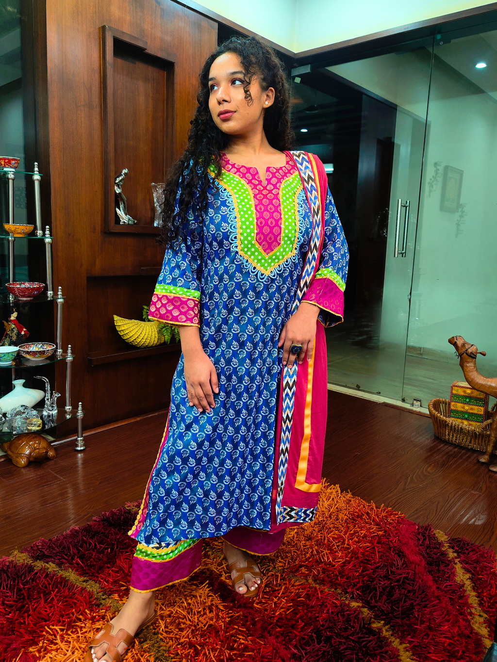 Blue Digital Printed Green Polka Dot Cotton Stitched Suit Set