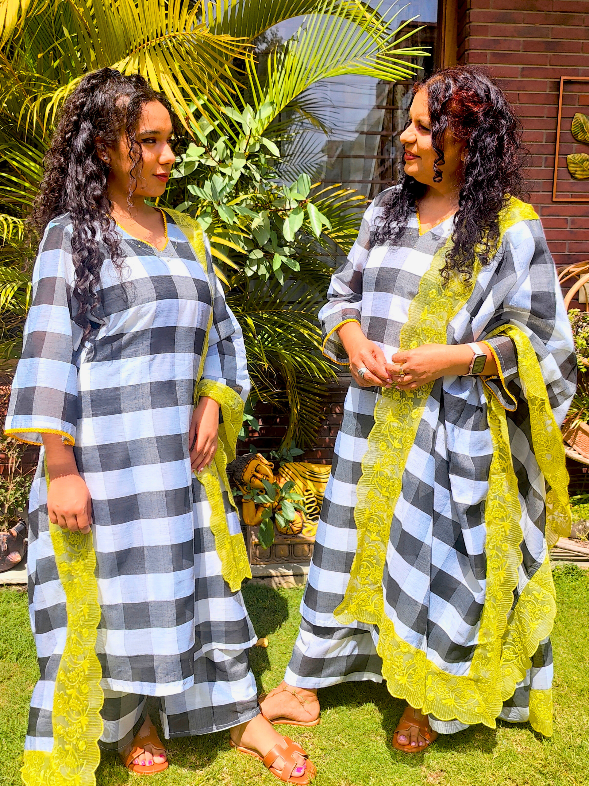 Black and White Checkred Chanderi Stitched Suit Set