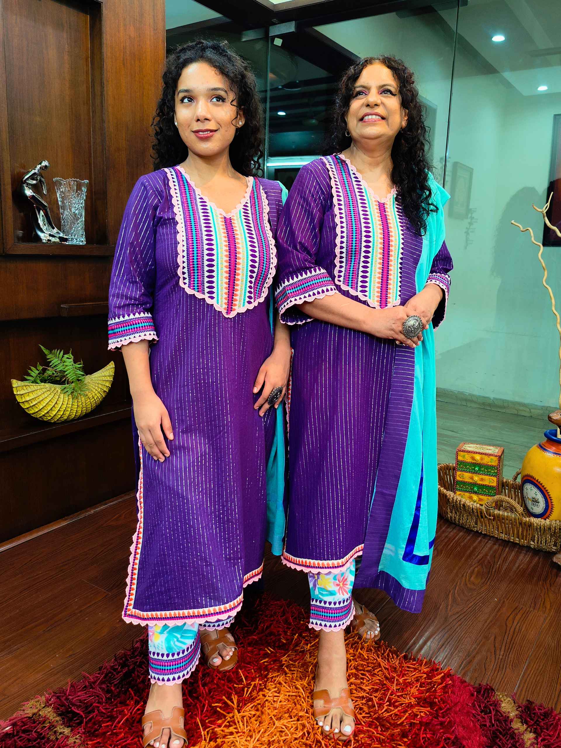 Purple Striped Multi Embroidered Cotton Stitched Suit Set