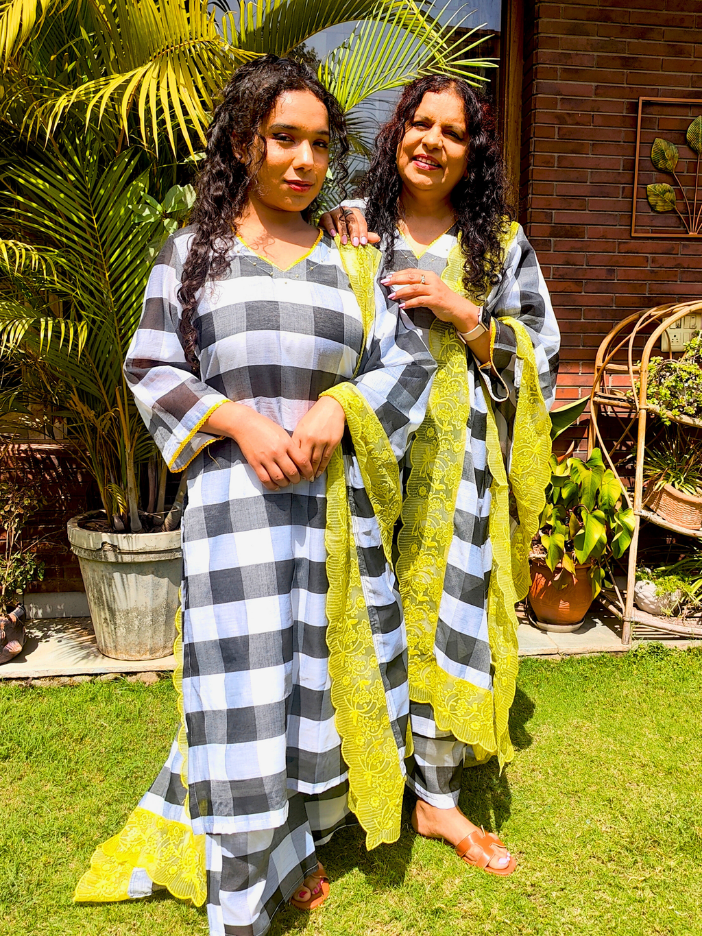 Black and White Checkred Chanderi Stitched Suit Set