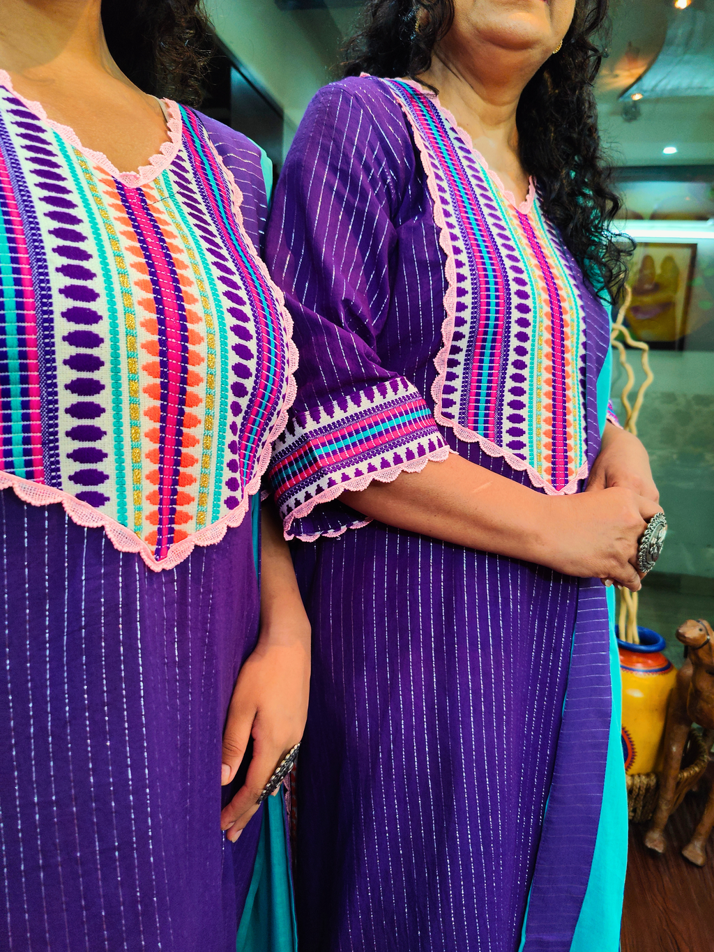 Purple Striped Multi Embroidered Cotton Stitched Suit Set