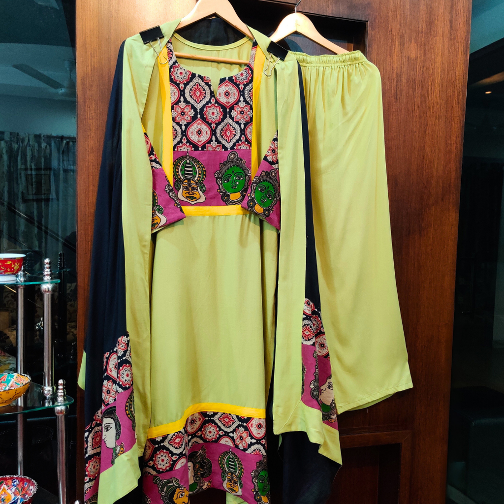 Green Kalamkari Cotton Stitched Suit Set