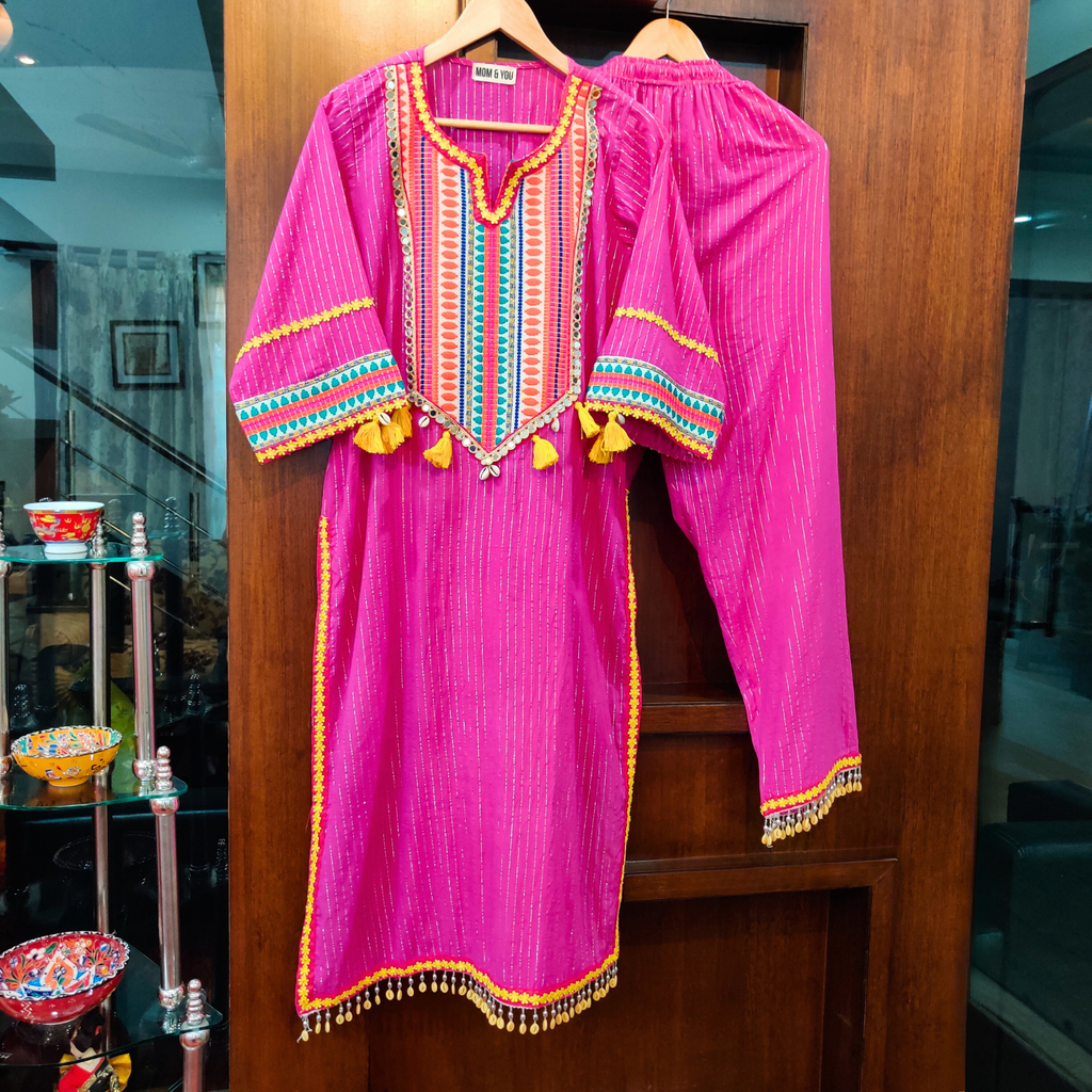 Pink Embroidered Lurex Cotton Stitched Co-Ord Set with Mirrors