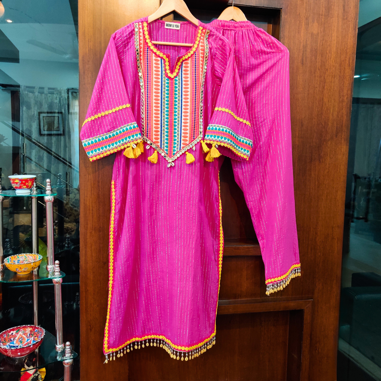 Pink Embroidered Lurex Cotton Stitched Co-Ord Set with Mirrors