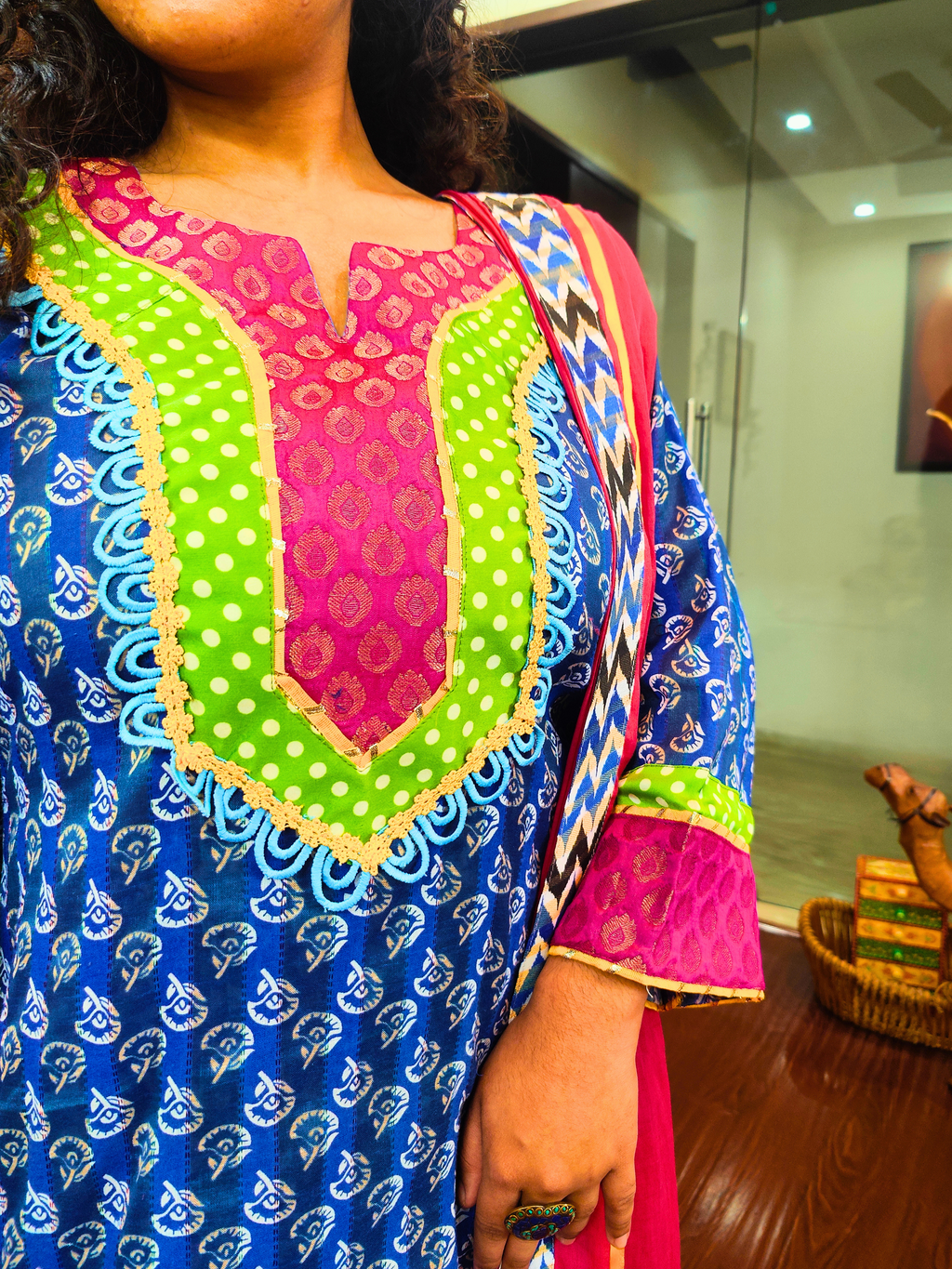 Blue Digital Printed Green Polka Dot Cotton Stitched Suit Set