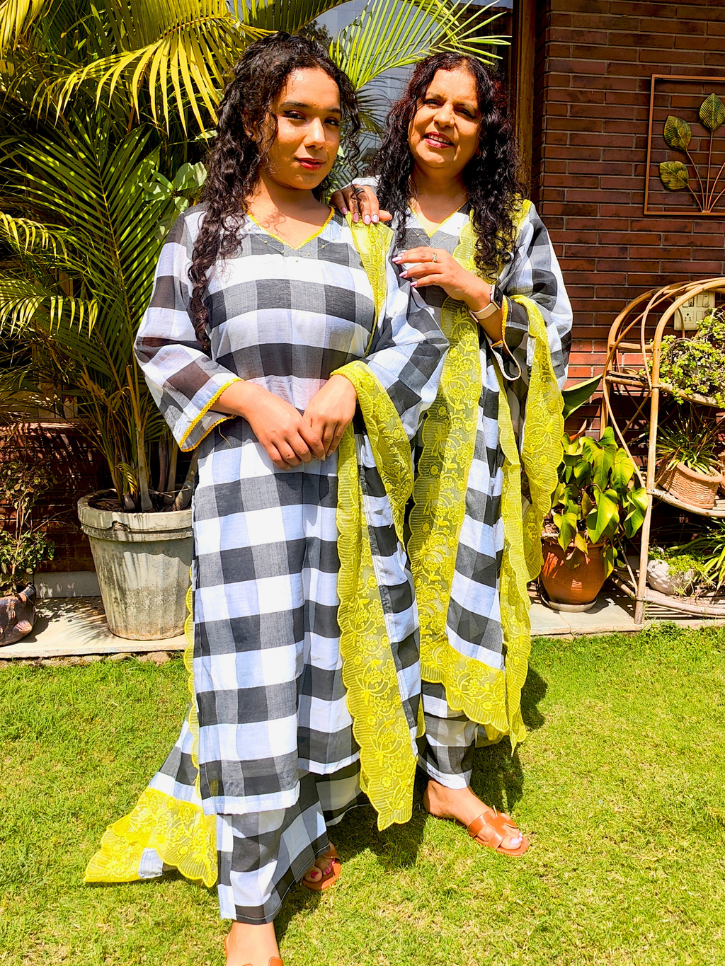 Black and White Checkred Chanderi Stitched Suit Set