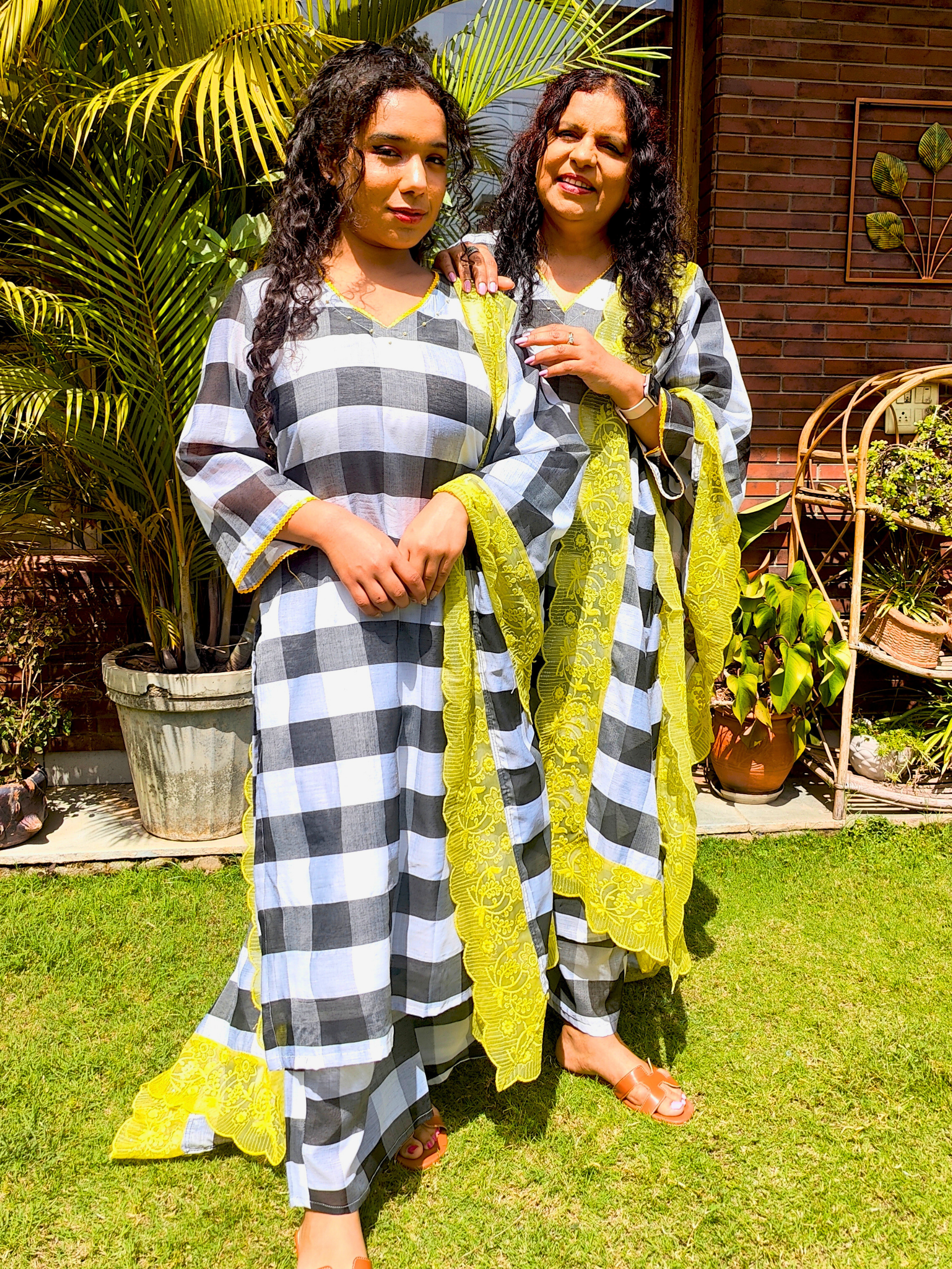 Black and White Checkred Chanderi Stitched Suit Set