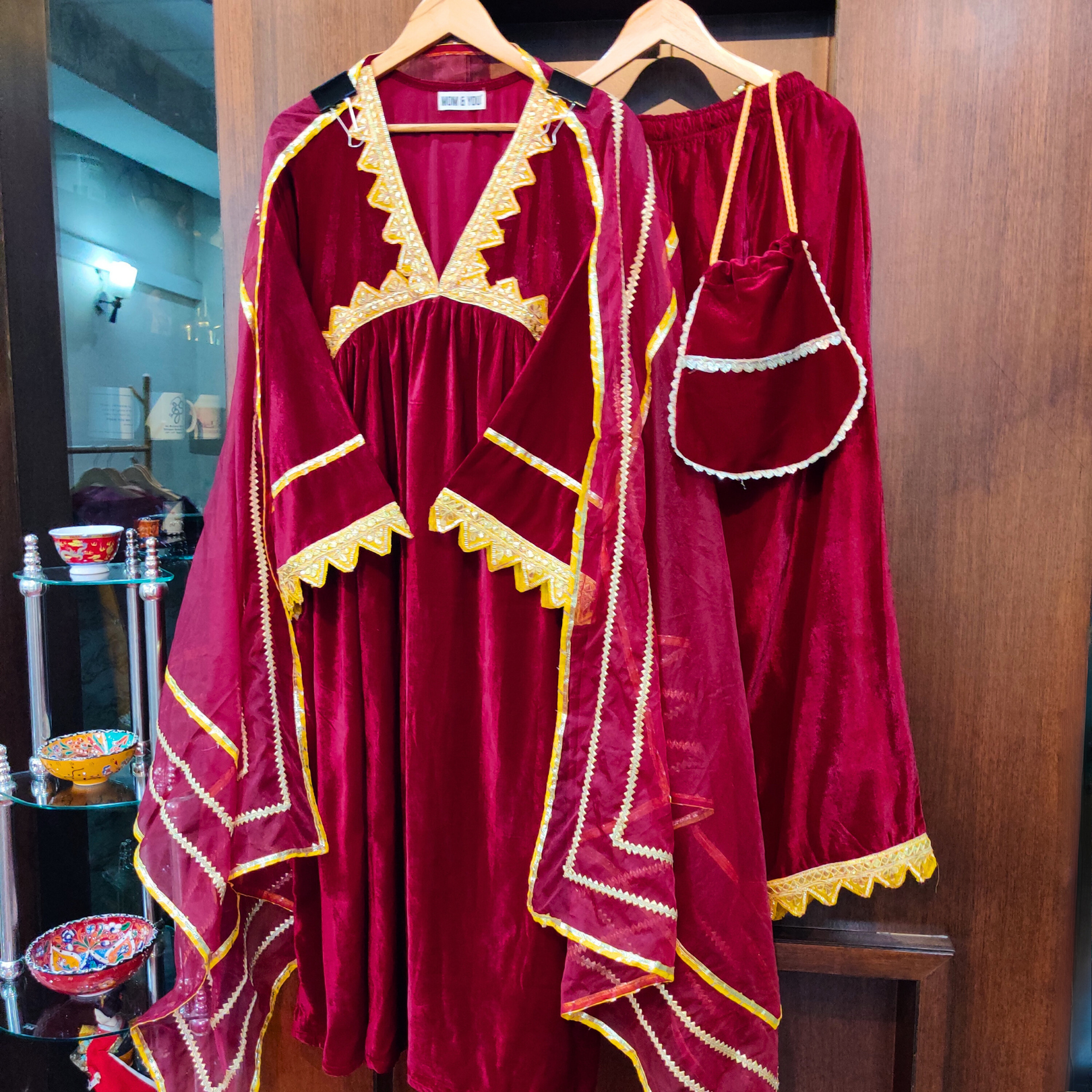 Maroon Velvet Yellow Silver Gota Stitched Anarkali Suit Set