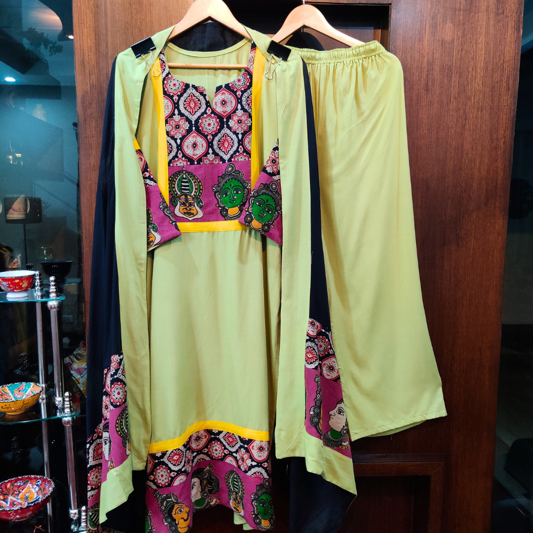 Green Kalamkari Cotton Stitched Suit Set