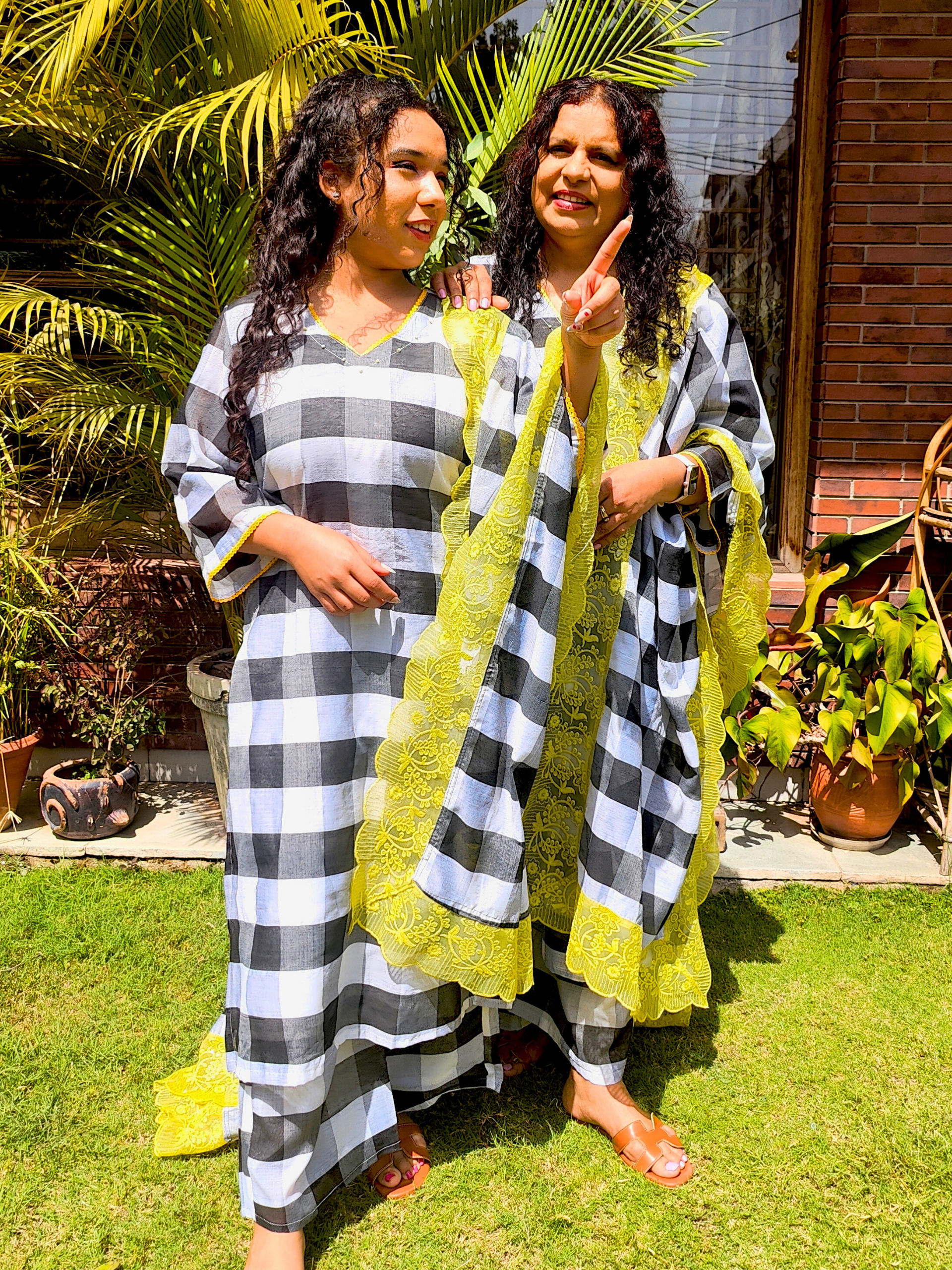 Black and White Checkred Chanderi Stitched Suit Set