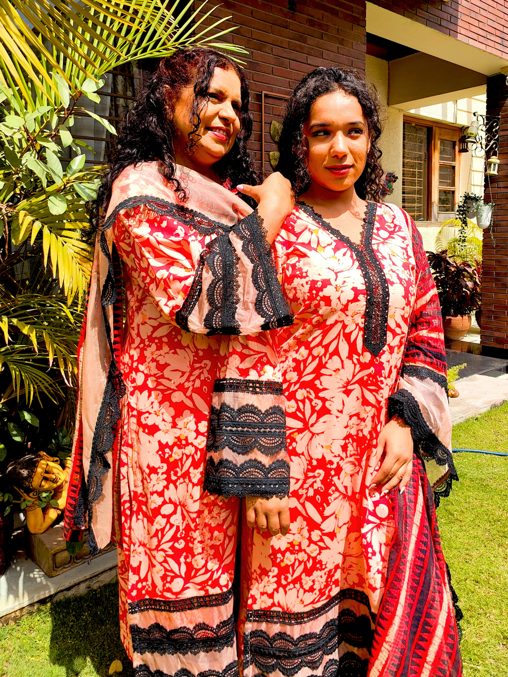 Orange Cotton Black Italian Lace Stitched Suit Set