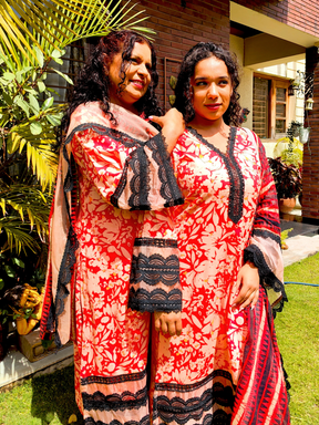 Orange Cotton Black Italian Lace Stitched Suit Set