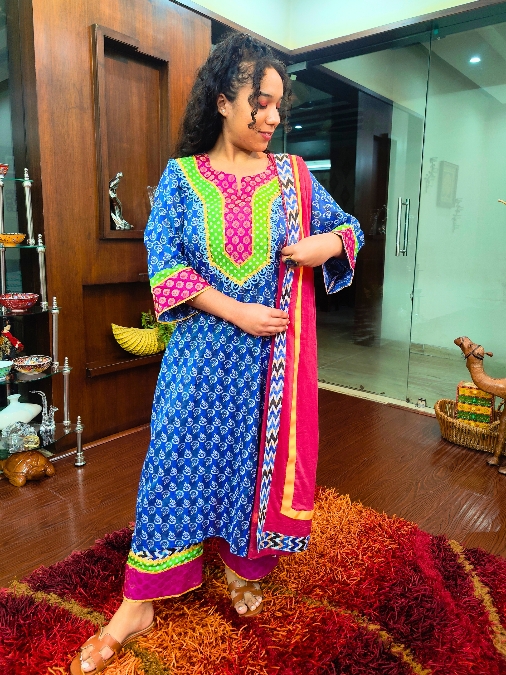 Blue Digital Printed Green Polka Dot Cotton Stitched Suit Set