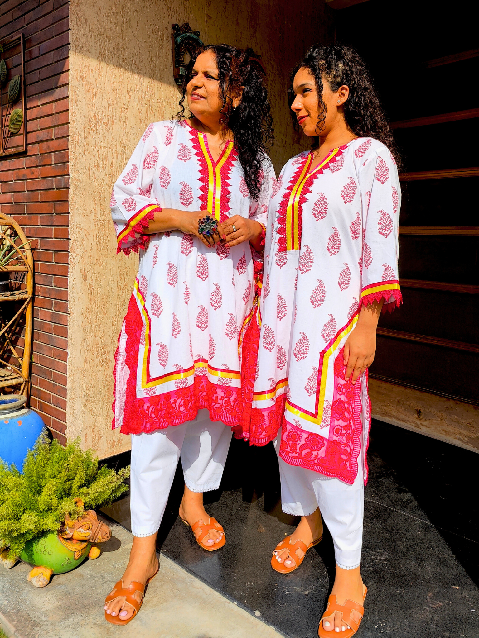 White Handblock Magenta Italian Lace Cotton Stitched Co-Ord Set