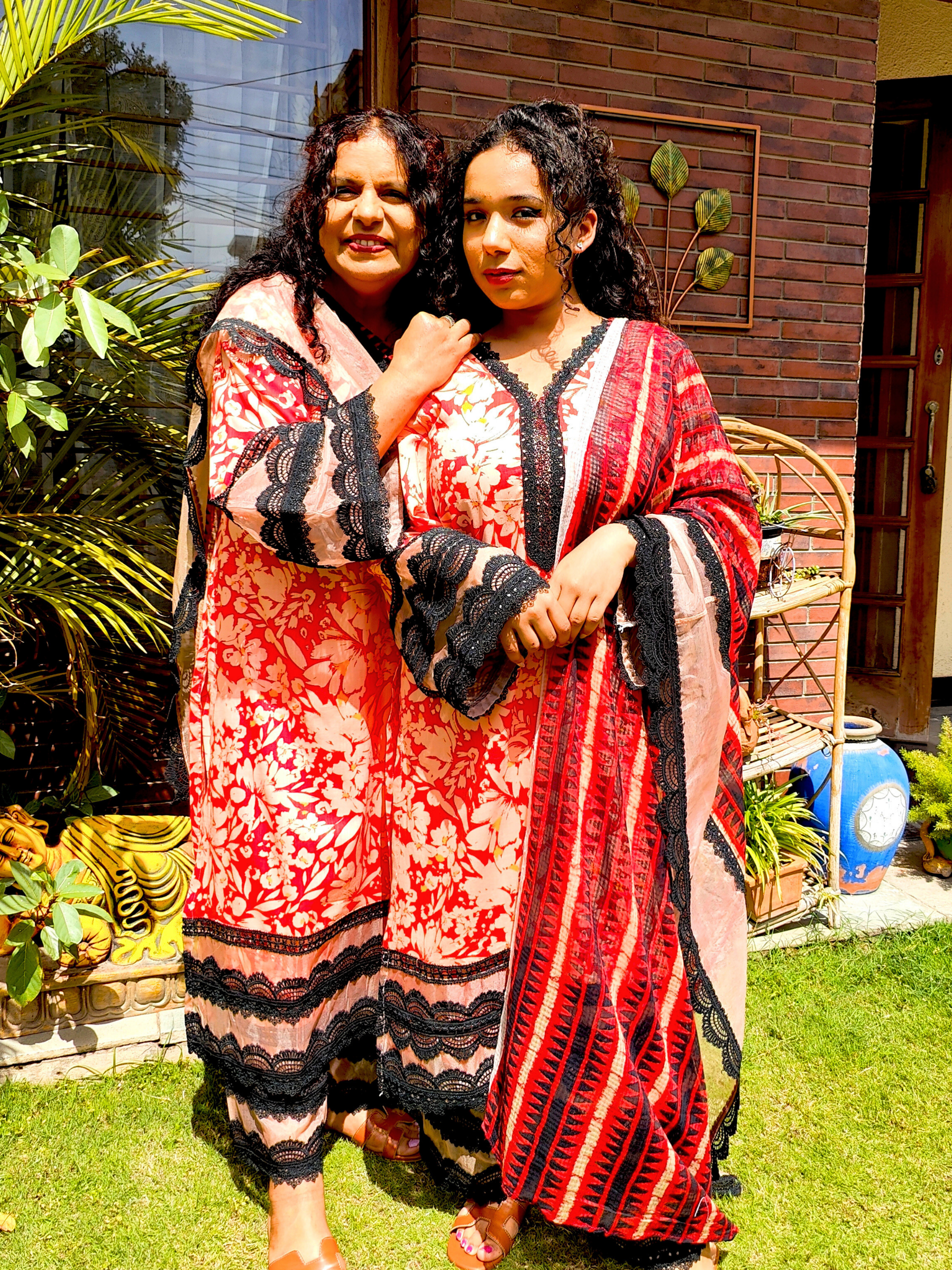 Orange Cotton Black Italian Lace Stitched Suit Set