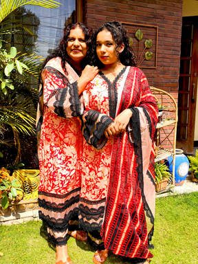 Orange Cotton Black Italian Lace Stitched Suit Set