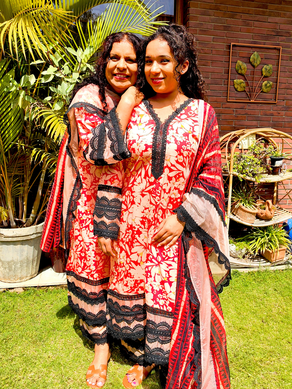 Orange Cotton Black Italian Lace Stitched Suit Set