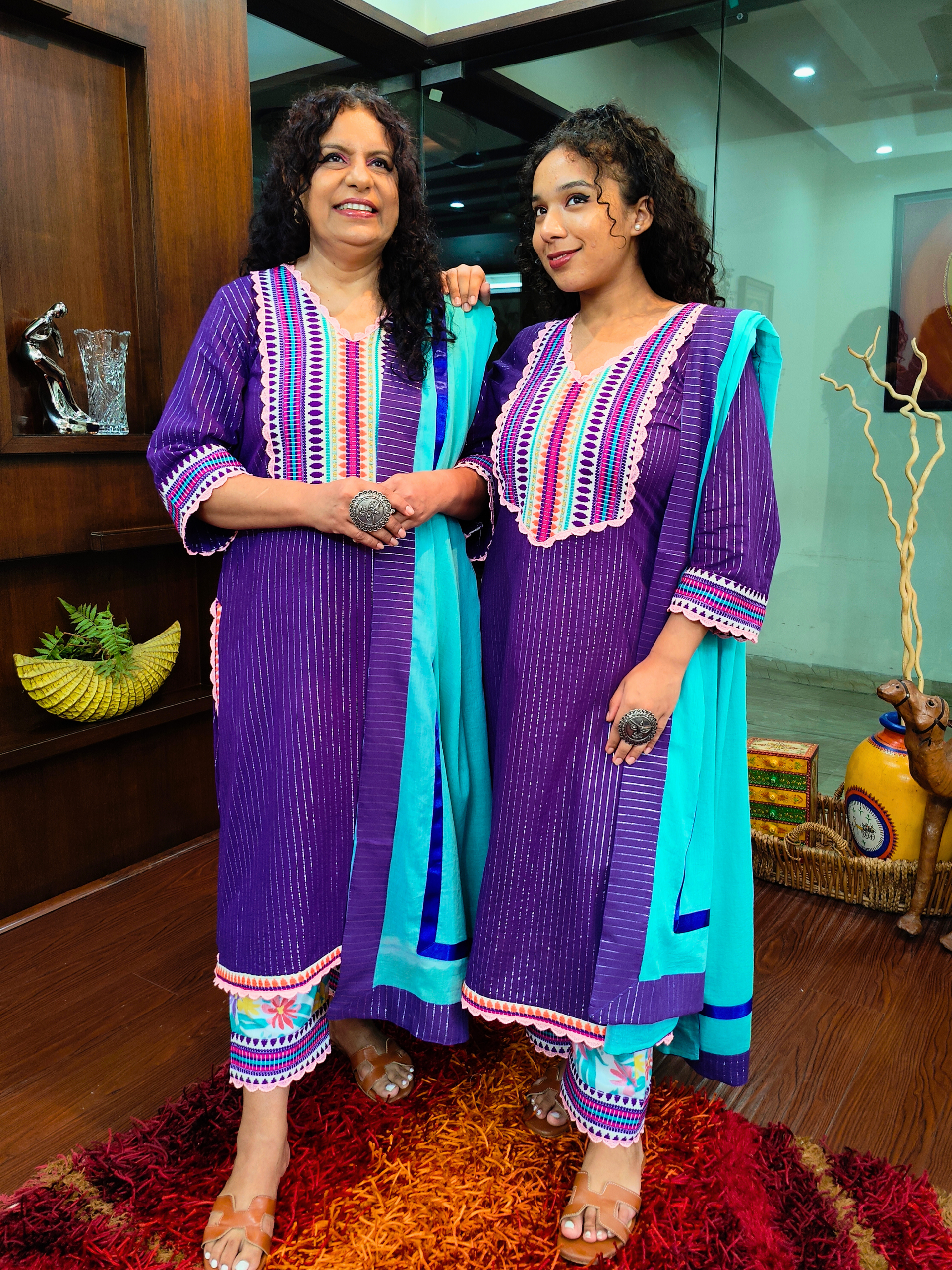 Purple Striped Multi Embroidered Cotton Stitched Suit Set