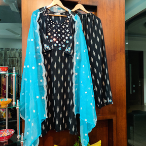 Black Ikat Mirror Cotton Stitched Suit Set