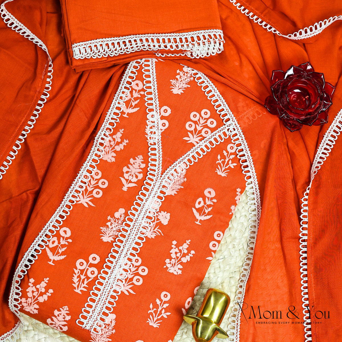 Orange Cotton Festive Unstitched Dress Material Suit Set
