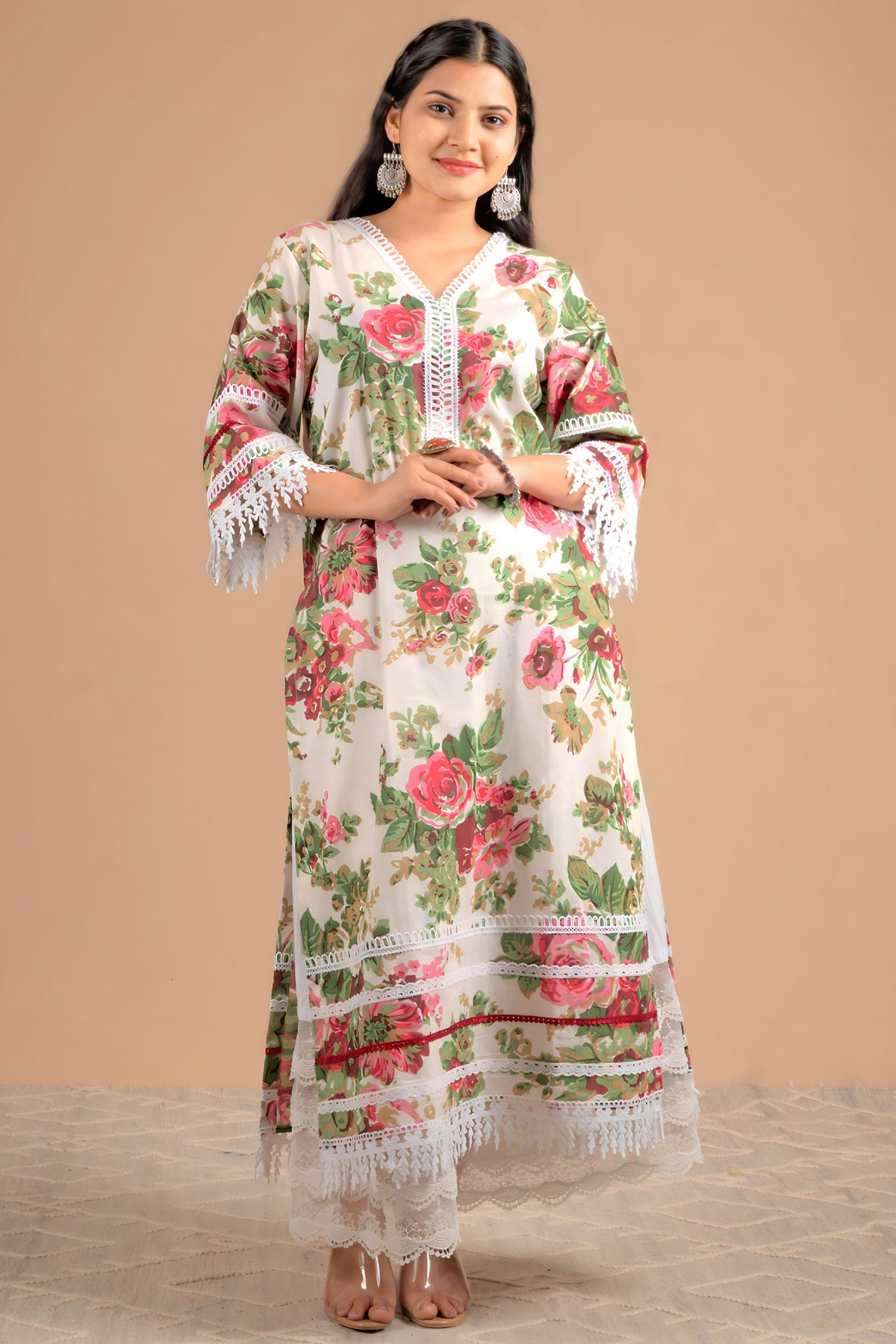 ROSES KURTA: Floral Hand Block Lacework Cotton Kurta - Mom & You Clothing