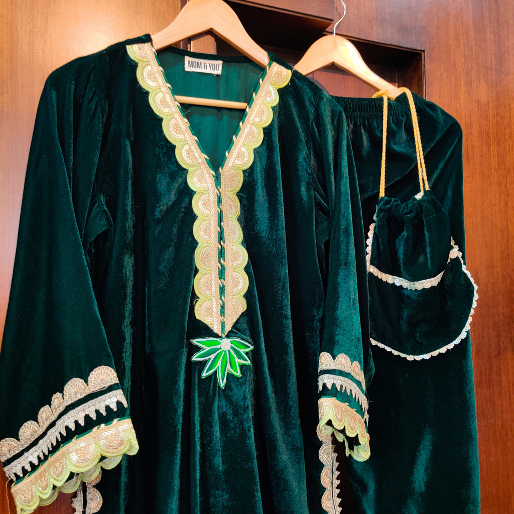 Green Velvet Light Green Gota Stitched Co-Ord Set
